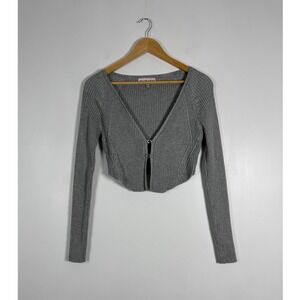 Minimalist Willow & Wind Women Large Crop Cardigan Grey Hook Eye Ribbed Knit Top